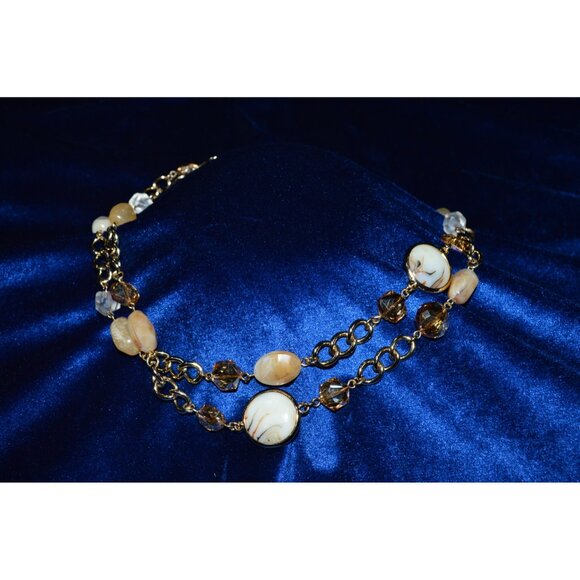 Premier Designs Gold Tone Link Necklace Gold White Clear Beads - Picture 2 of 7